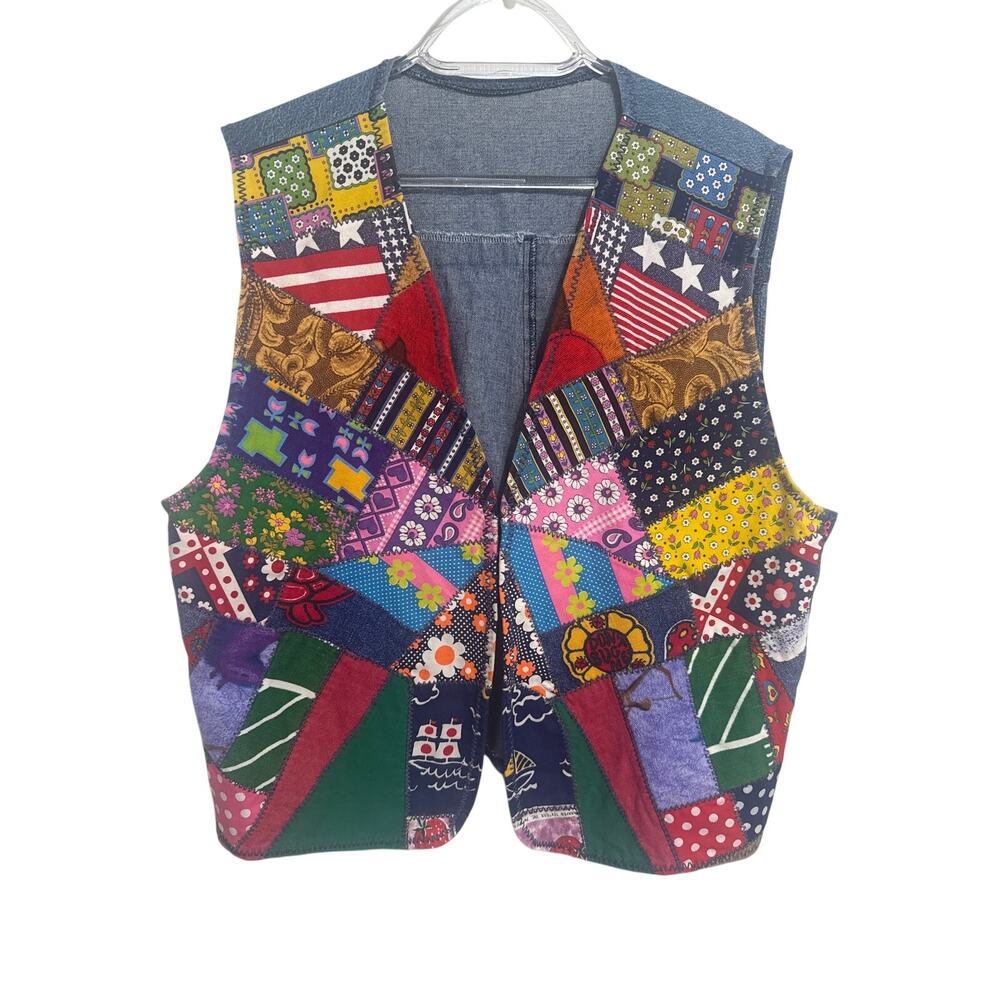 Vintage Patchwork Quilted Vest Colorful Boho Cottagecore Women's Retro